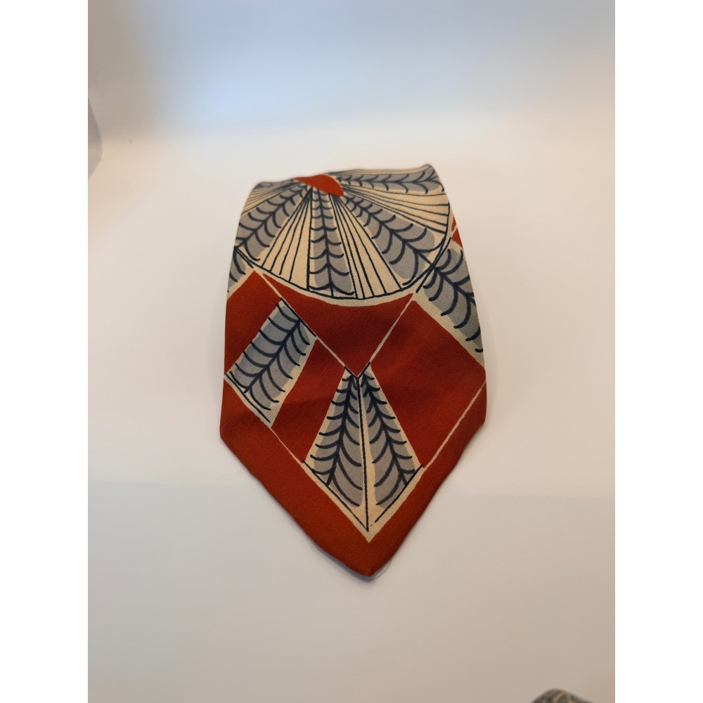 Vintage Bond Style Manor Pure Silk Foulard Tie Rust Red Art Deco Geometric 4in